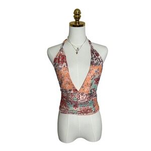 Women Floral Paisley Patchwork Halter Crop Top Orange Teal Small